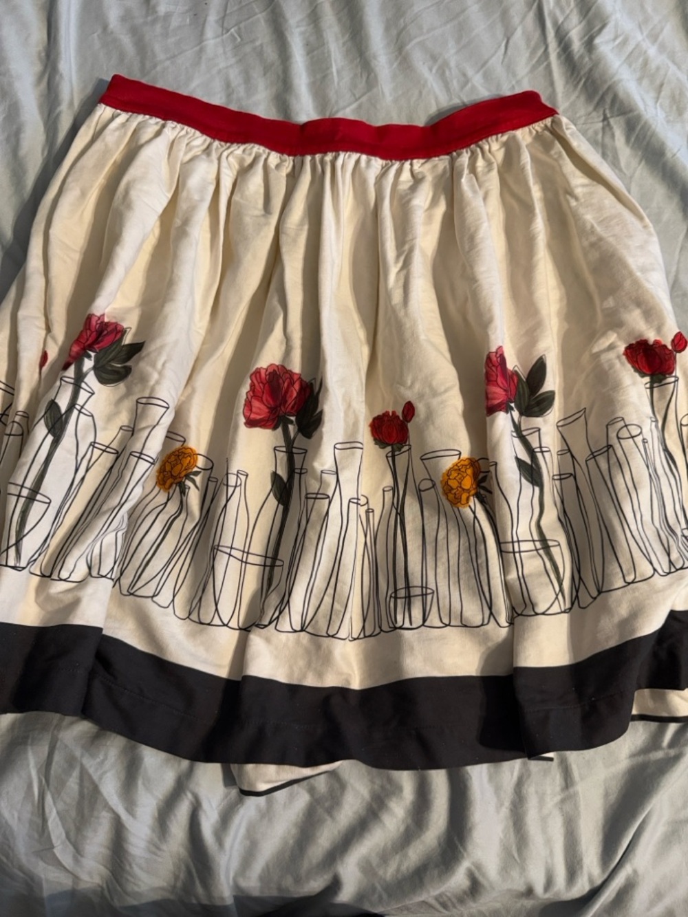 Cream Midi Skirt with Red Waistband and Floral Border